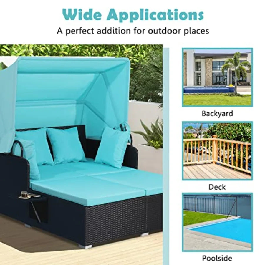 Outdoor Daybed With Retractable Canopy And Cushioned Pillows