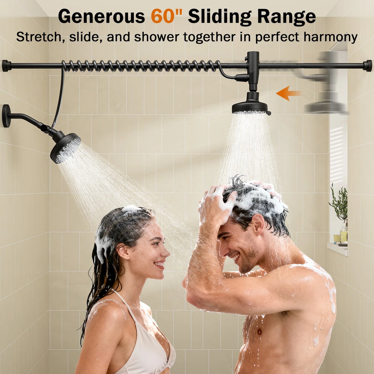 Tandem Dual Shower Head For Couples With Adjustable Slider High Pressure