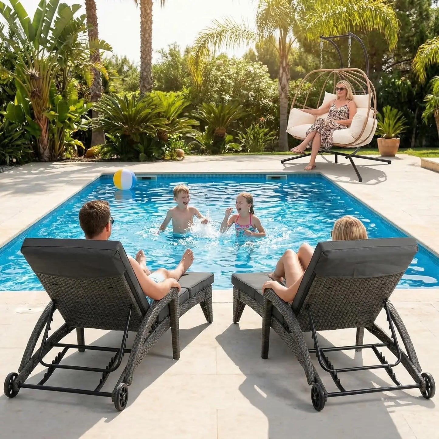 Four Position Adjustable Chaise Lounge Set With Wicker Chairs