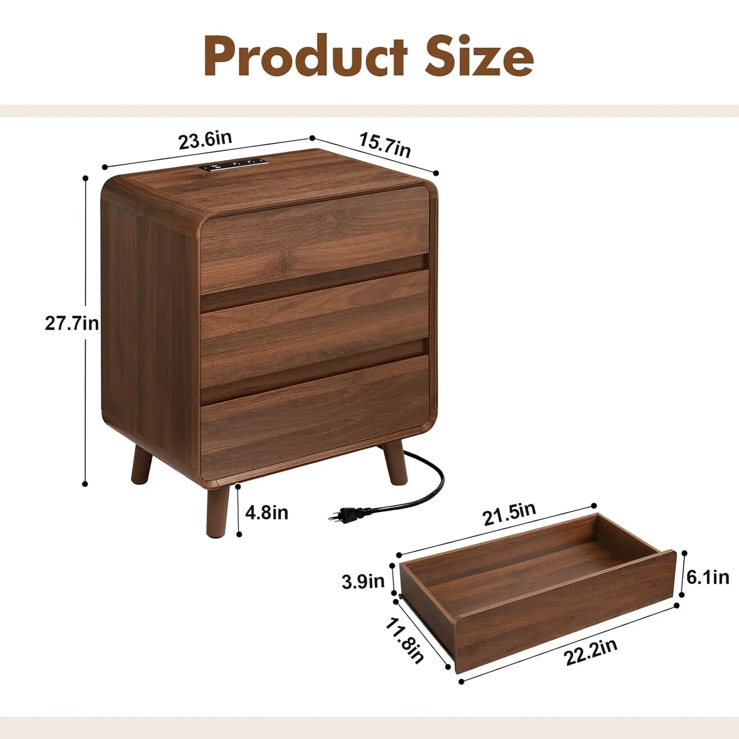 Mid Century Wooden Nightstands With Charger Station Set Of 2