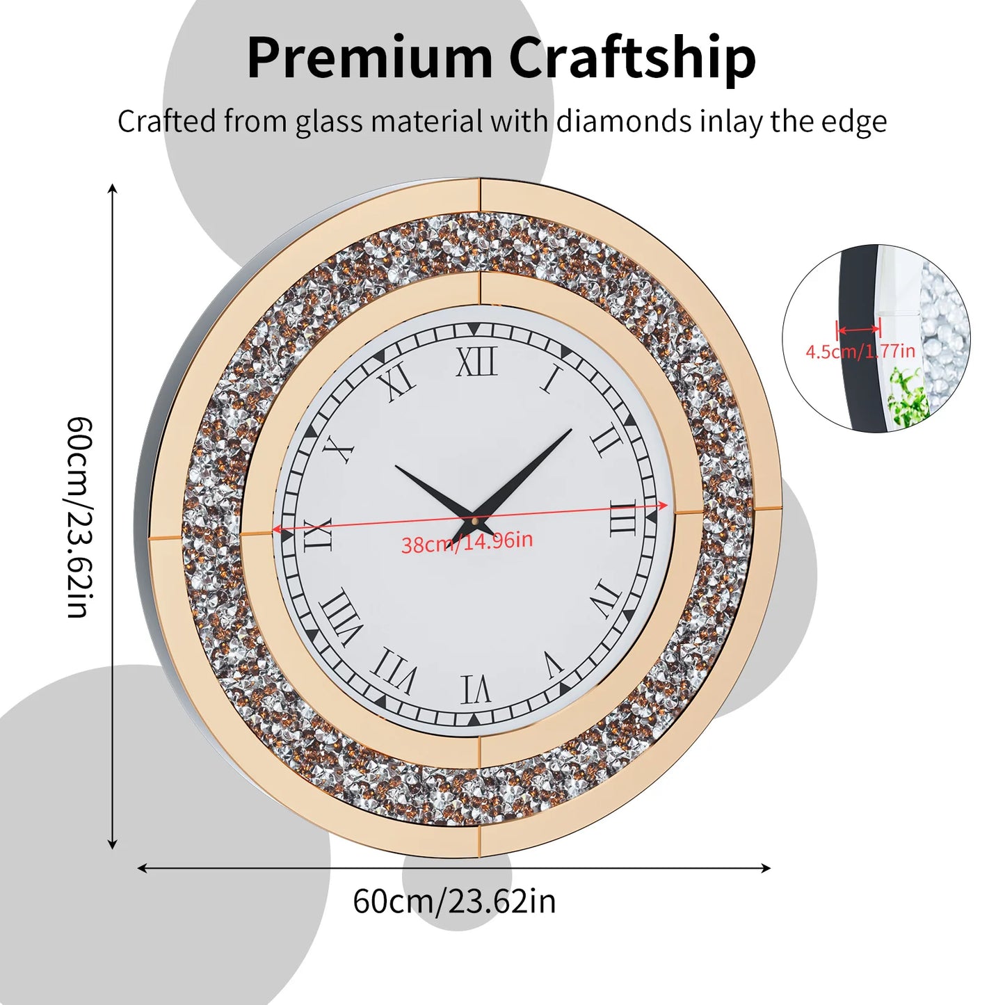 Round Mirror Clock With Crystal Sparkle Wall Decor