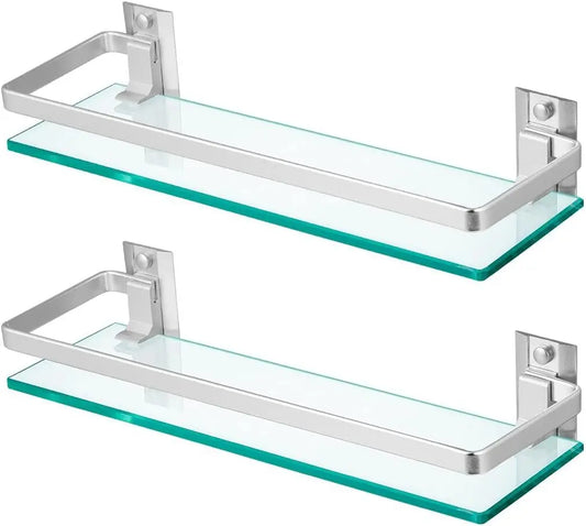 2-Pack Tempered Glass Bathroom Shelf With Rail Wall Mounted Shower Caddy