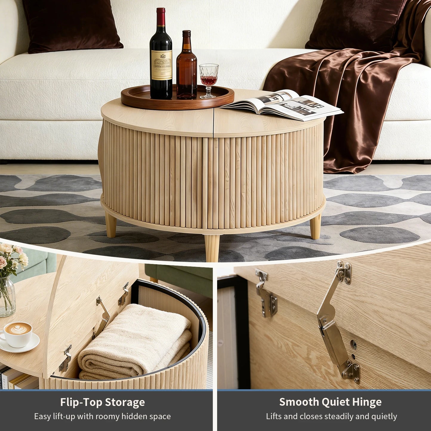 JHK Round Coffee Table With Flip Top Storage Sturdy Wood