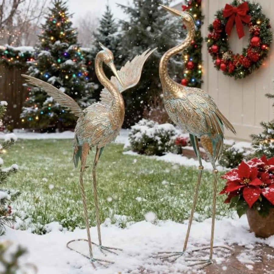 SHXI Garden Cranes Statues Set Of 2 Waterproof Metal Herons