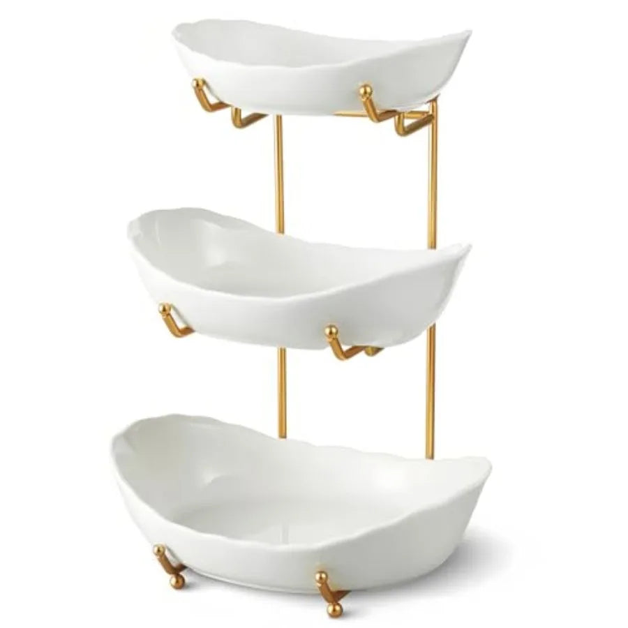Ceramic Three-Tier Fruit Bowl With Metal Stand For Countertop