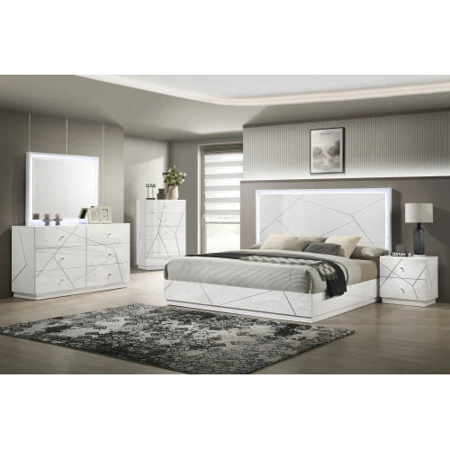 Five Piece Modern Bedroom Set With Lacquer Finish And LED Lighting