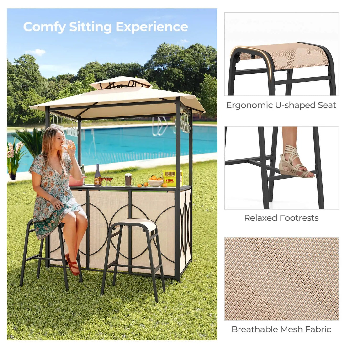 HOMASIS 3-Piece Patio Bar Set With Tempered Glass Table