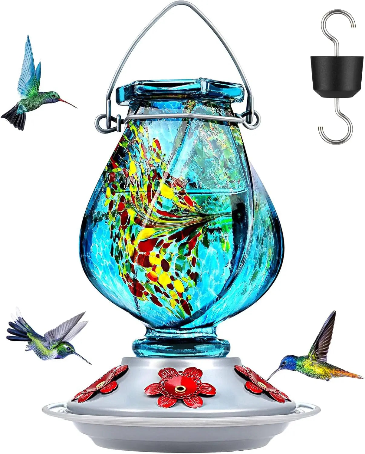 Hummingbird Feeder Hand Blown Glass Outdoor With Ant Moat