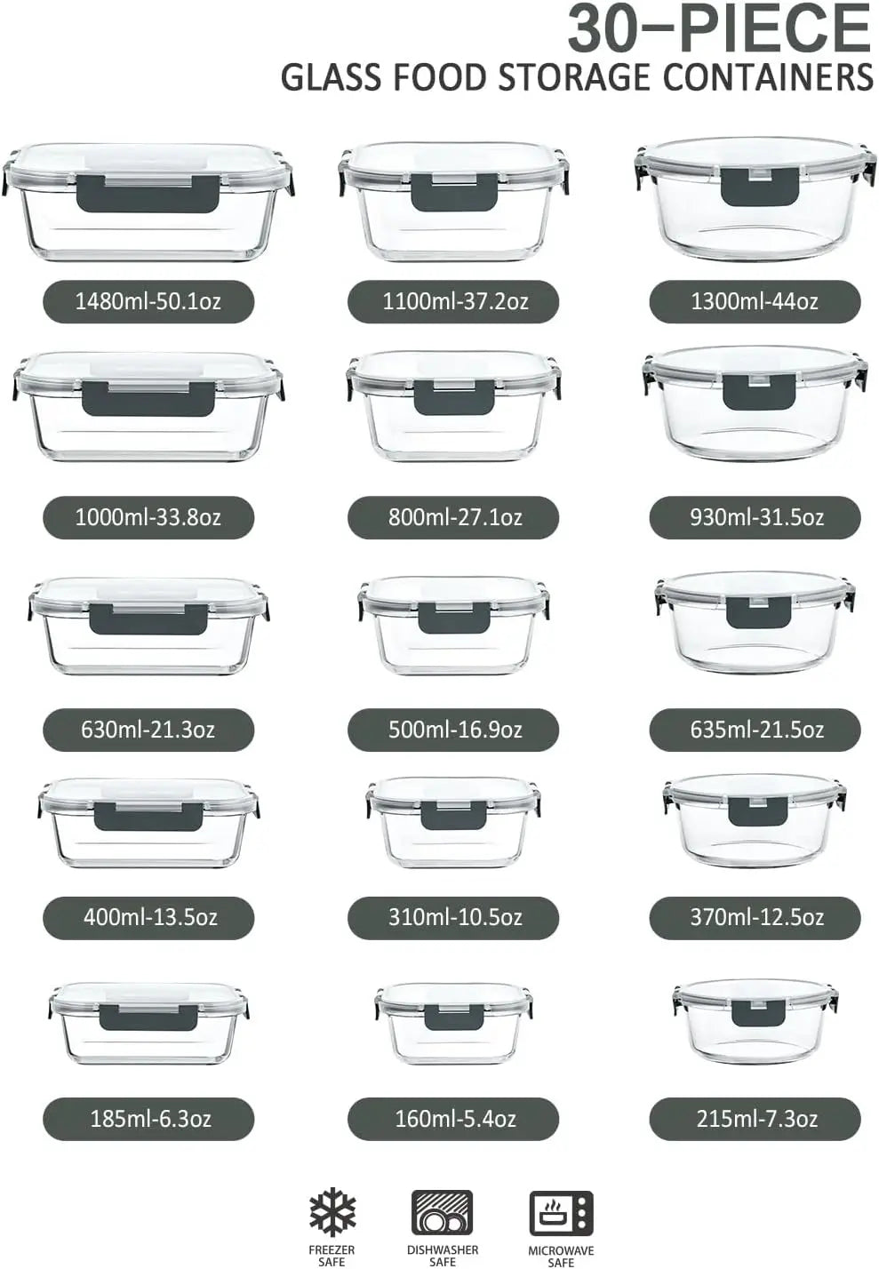 Glass Food Storage Set With Snap Lids, Airtight Microwave Safe
