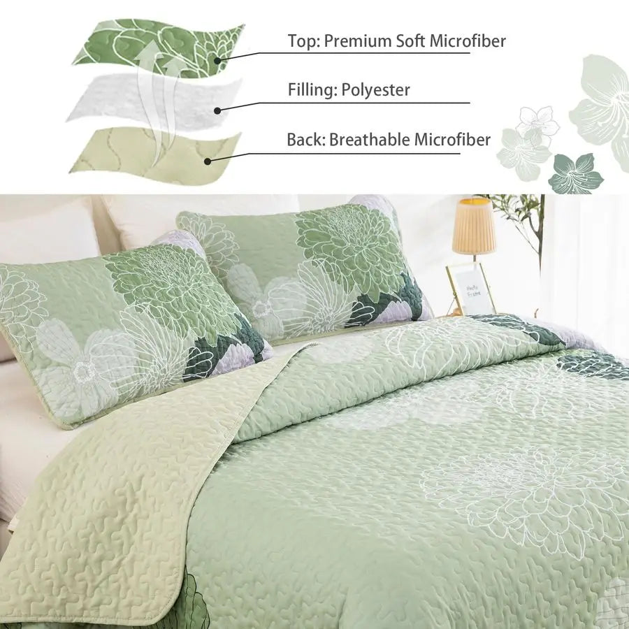 Floral Quilt Set Cotton Bedding Three Piece Two Shams
