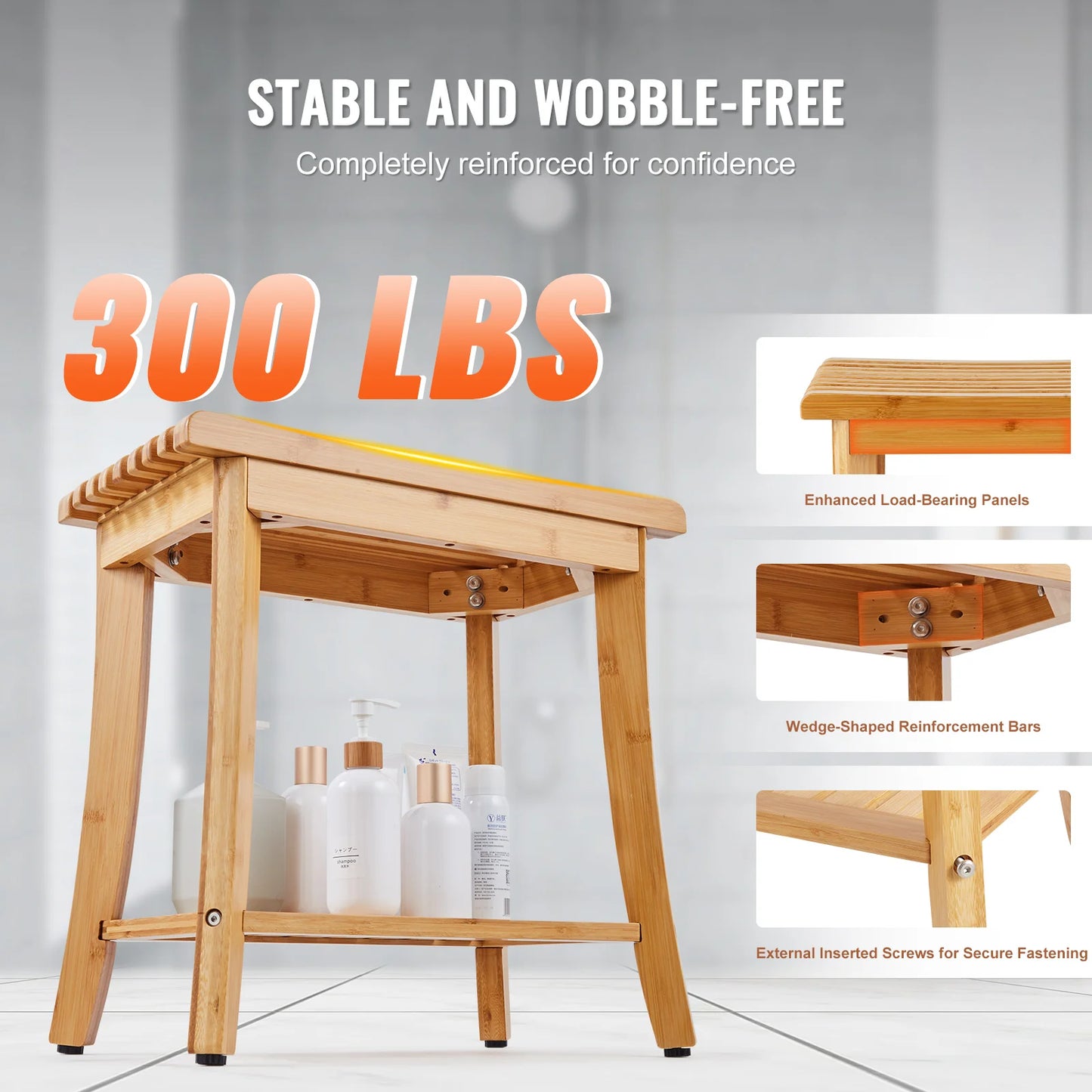 SucceBuy Bamboo Shower Bench With Storage Shelf 330lbs Capacity