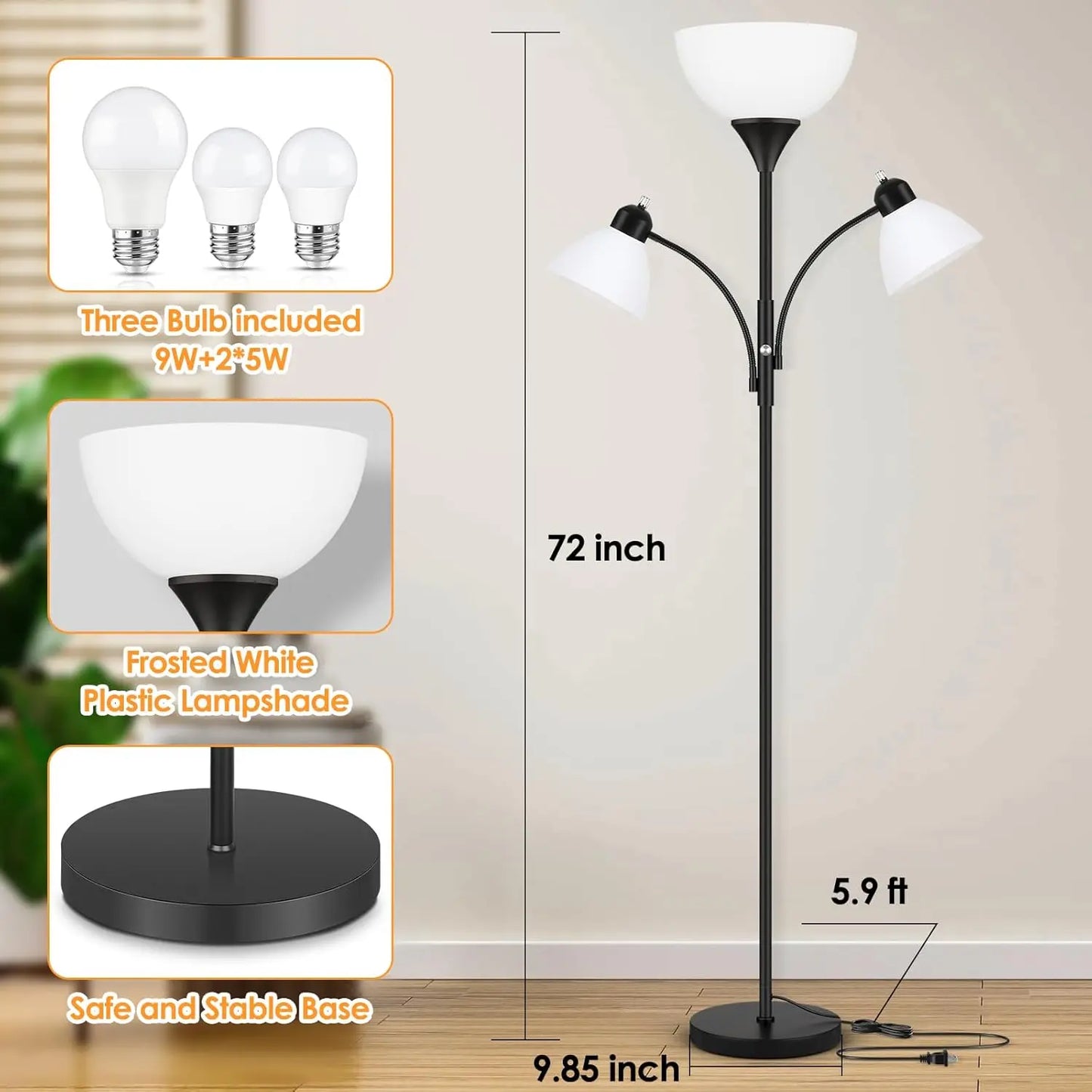 Dimmable Floor Lamp With Two Reading Lights For Living Room