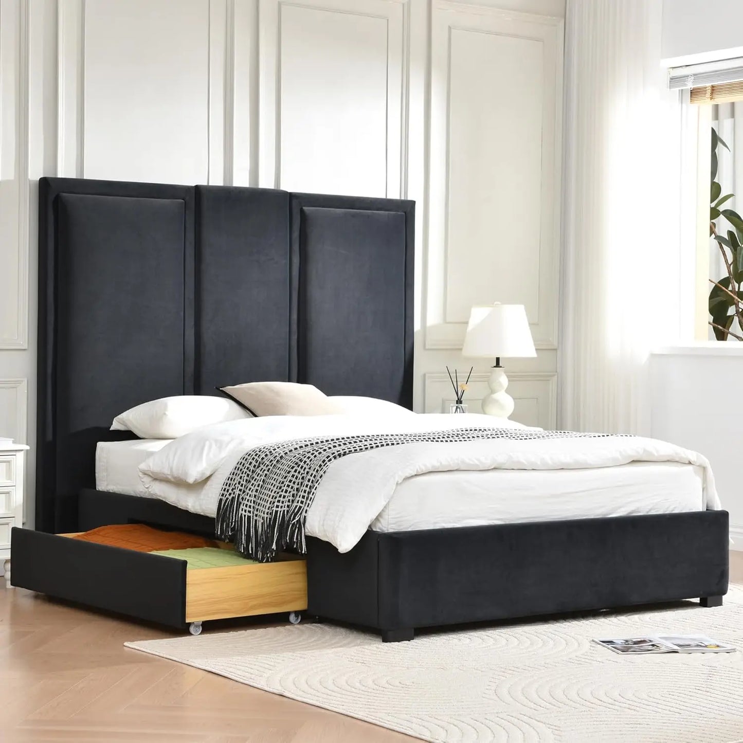 Upholstered Platform Bed With Tall Headboard And Wood Slats