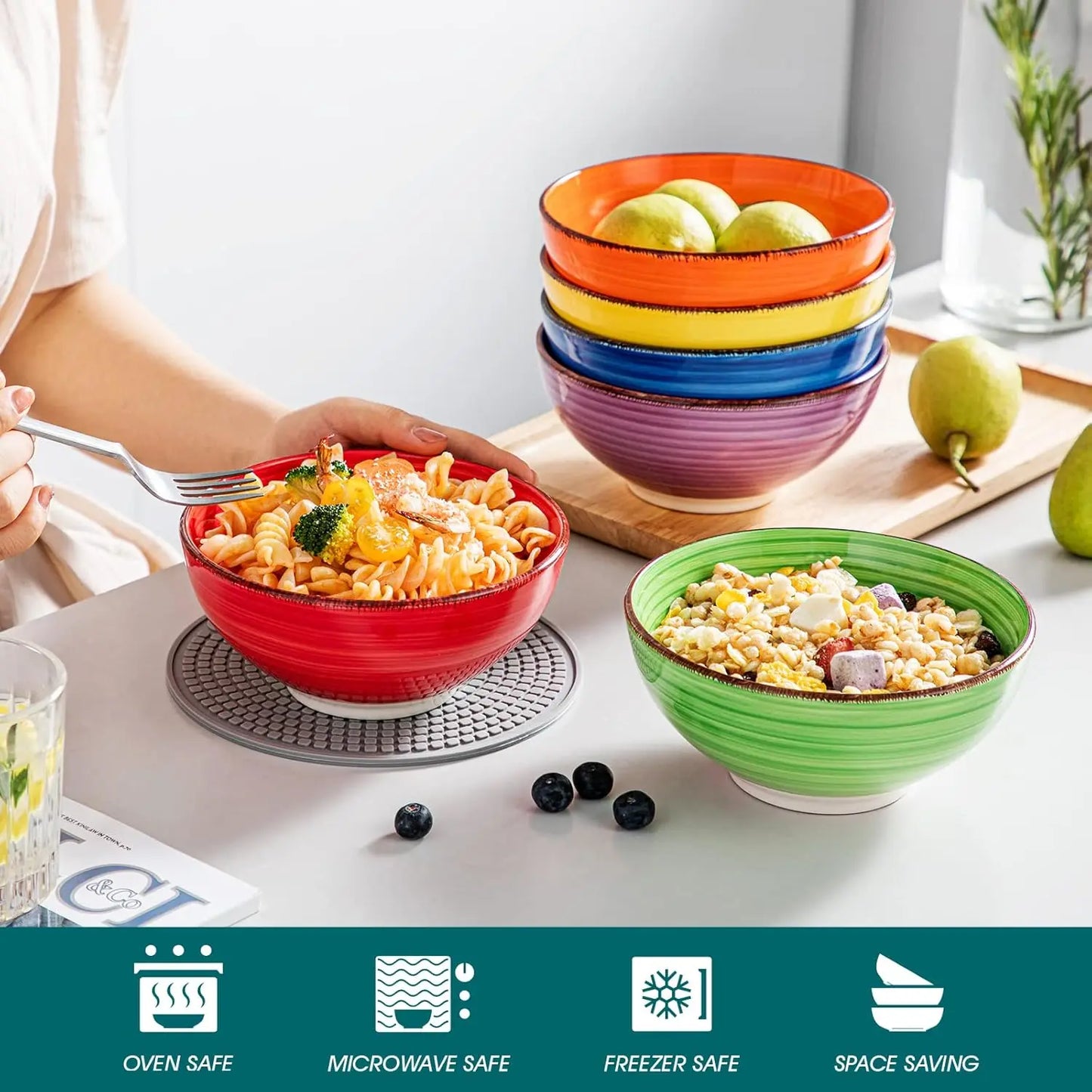 Six-Piece Colorful Ceramic Soup Bowls Set Microwave Dishwasher Safe