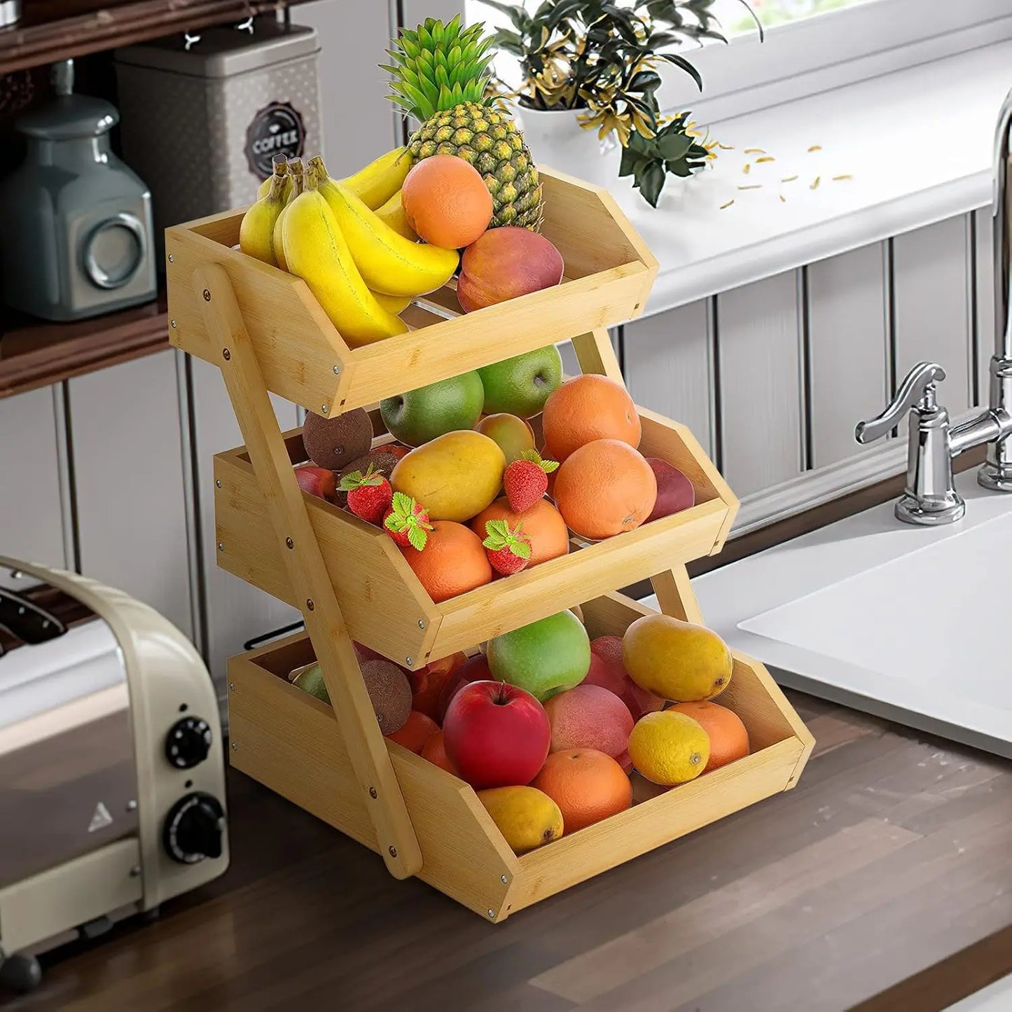 Three-Tier Bamboo Fruit Basket Stand for Countertop Display