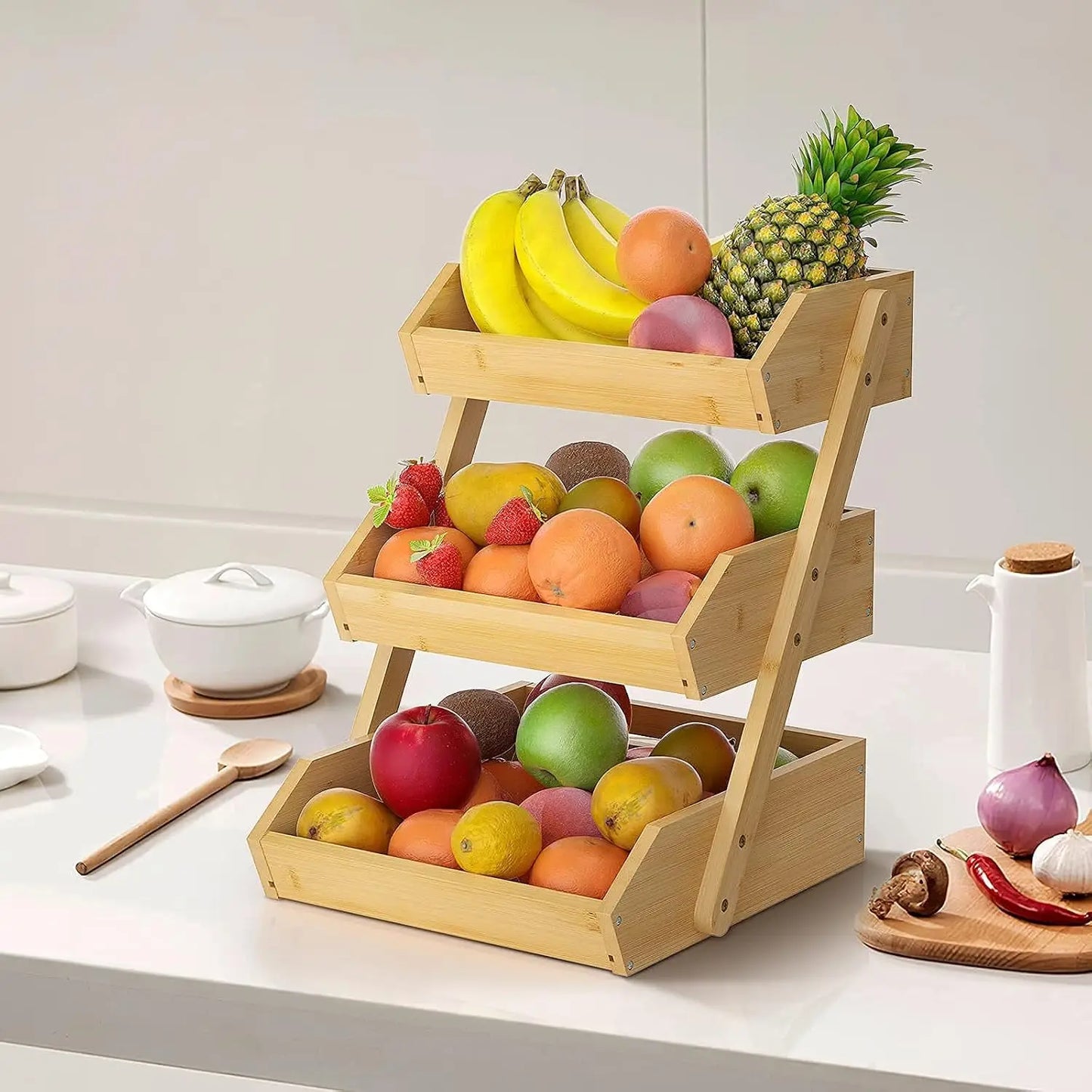Three-Tier Bamboo Fruit Basket Stand for Countertop Display