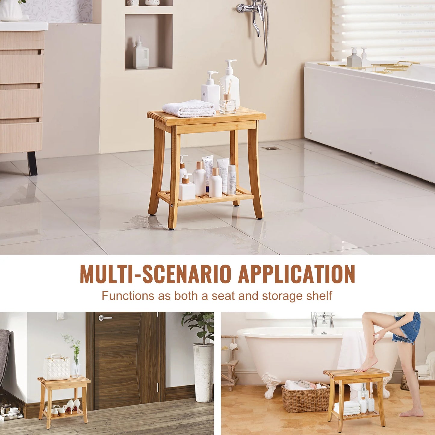 SucceBuy Bamboo Shower Bench With Storage Shelf 330lbs Capacity
