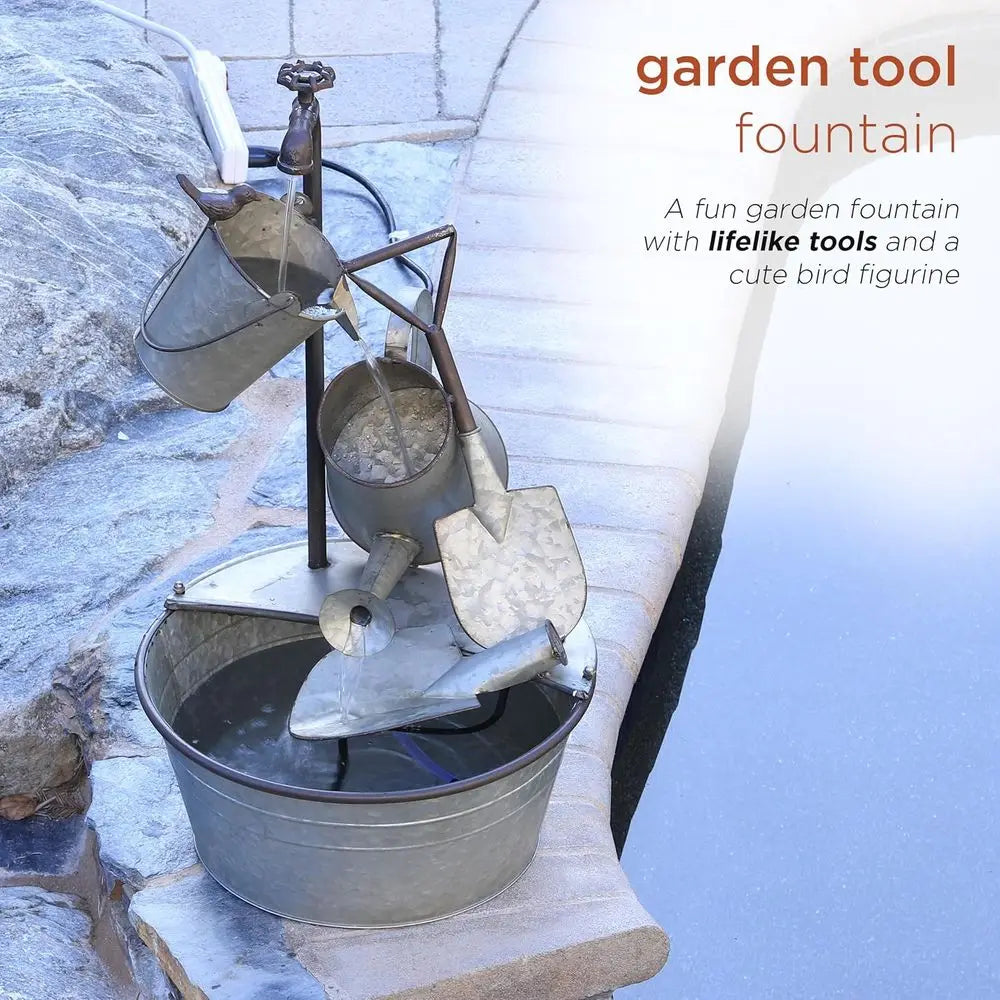 YHL106 Outdoor loor 3-Tiered Metal Garden Tools Water ountain, Tools and aucet Waterall, 28", Gray