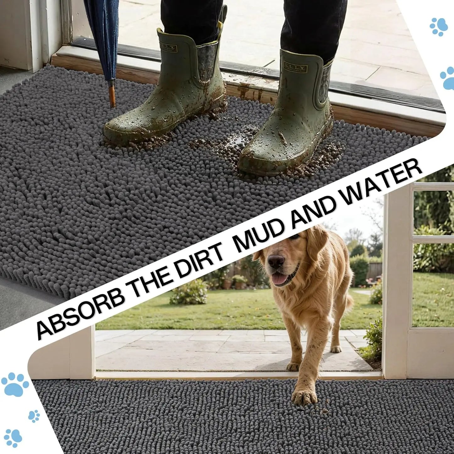 Large Absorbent Dog Door Mat for Muddy Paws, Quick Dry Non-Slip Chenille Rug, Machine Washable Indoor Entryway Floor Mat