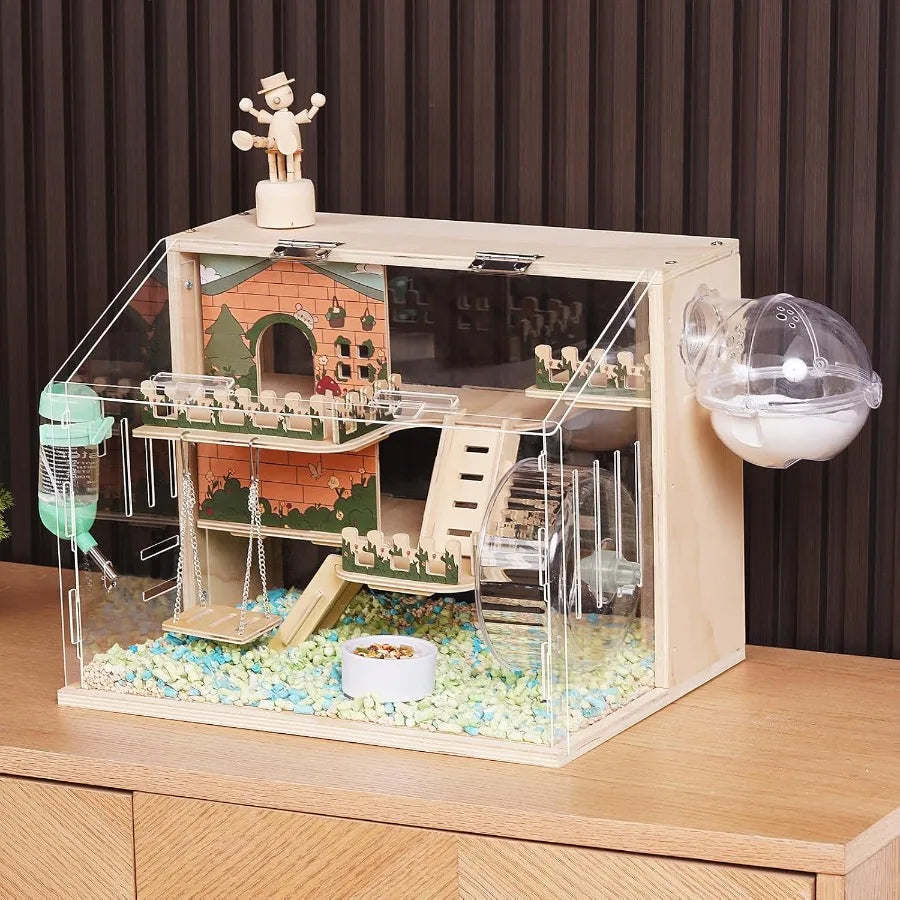 NONECN Wooden Hamster Cage With Accessories Pastoral Style Multi Level