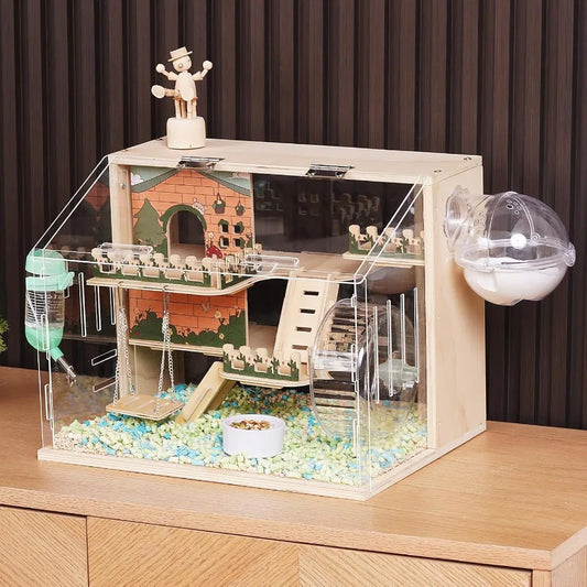 NONECN Wooden Hamster Cage With Accessories Pastoral Style Multi Level