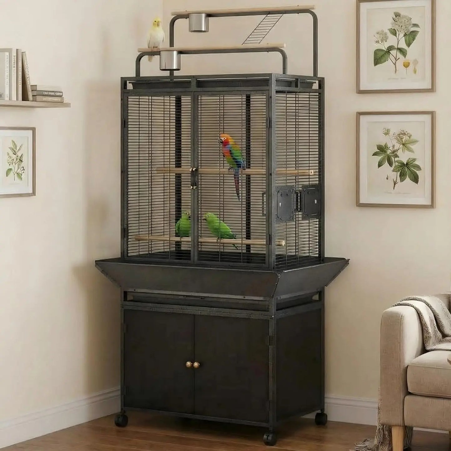 HiMISS Large Bird Cage With Rolling Stand And Storage