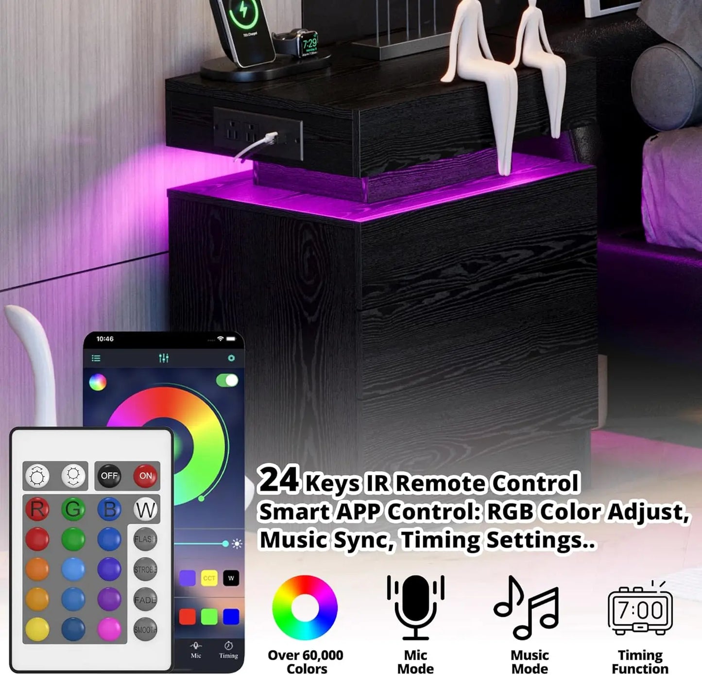 Nightstand With Charging Station And LED Light Three Drawers