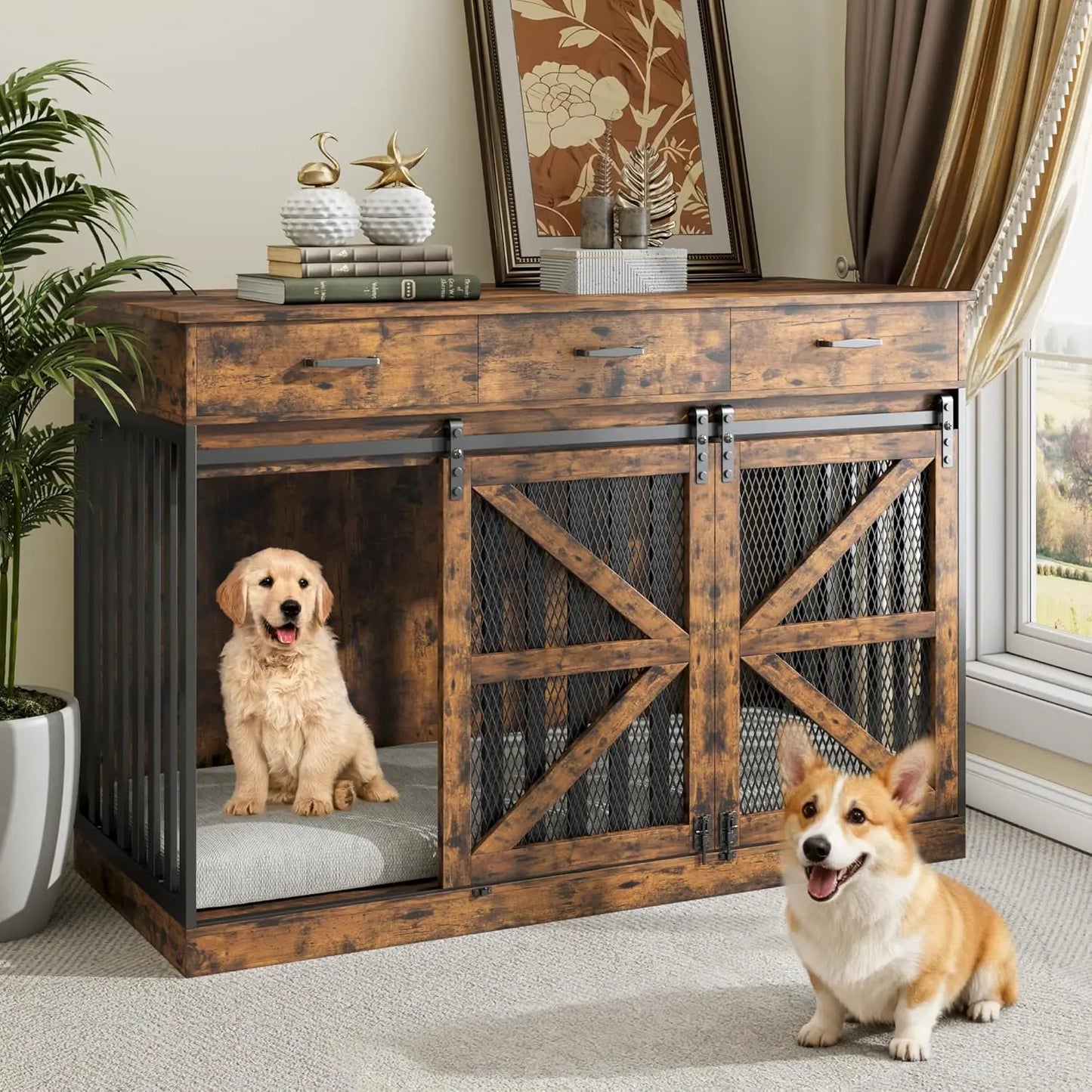 Kepptory 2-In-1 Convertible Wooden Dog Crate With Divider And 3-Drawer