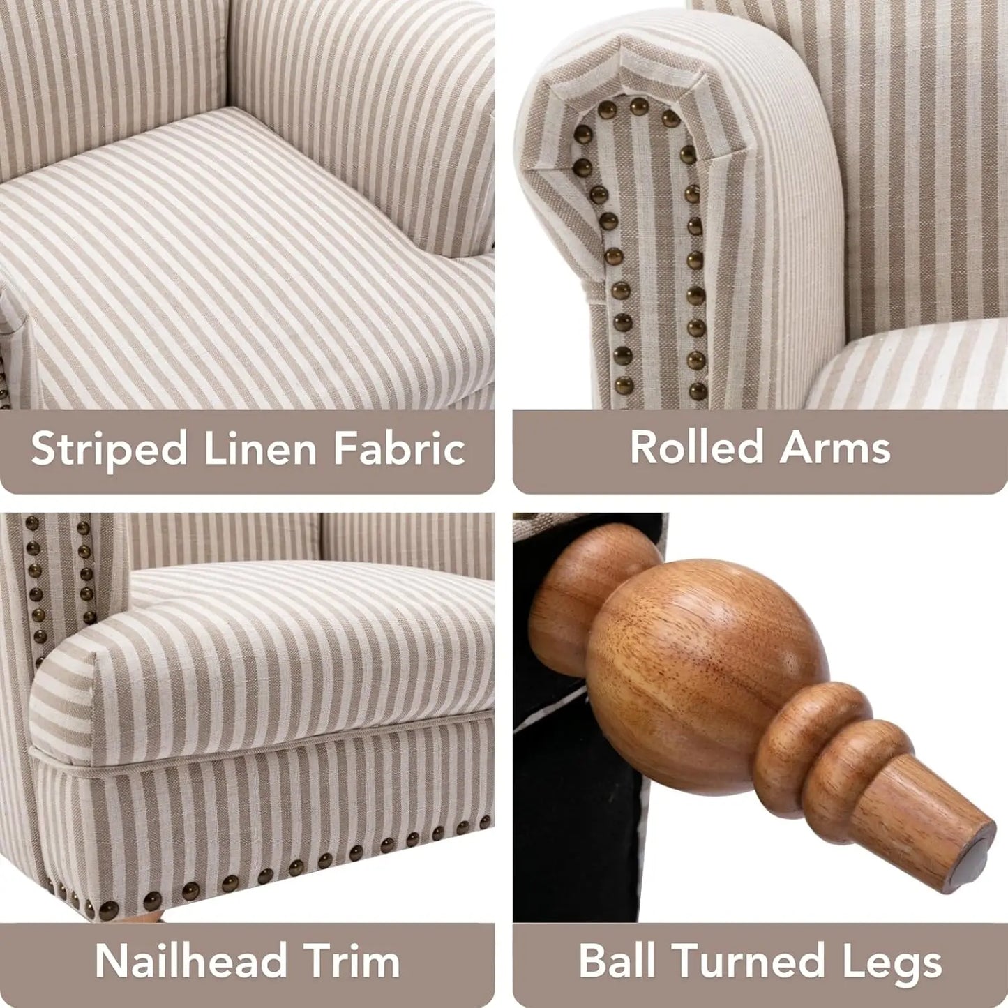 Striped Linen Accent Chairs Set of 2 Modern Farmhouse Upholstered Armchairs
