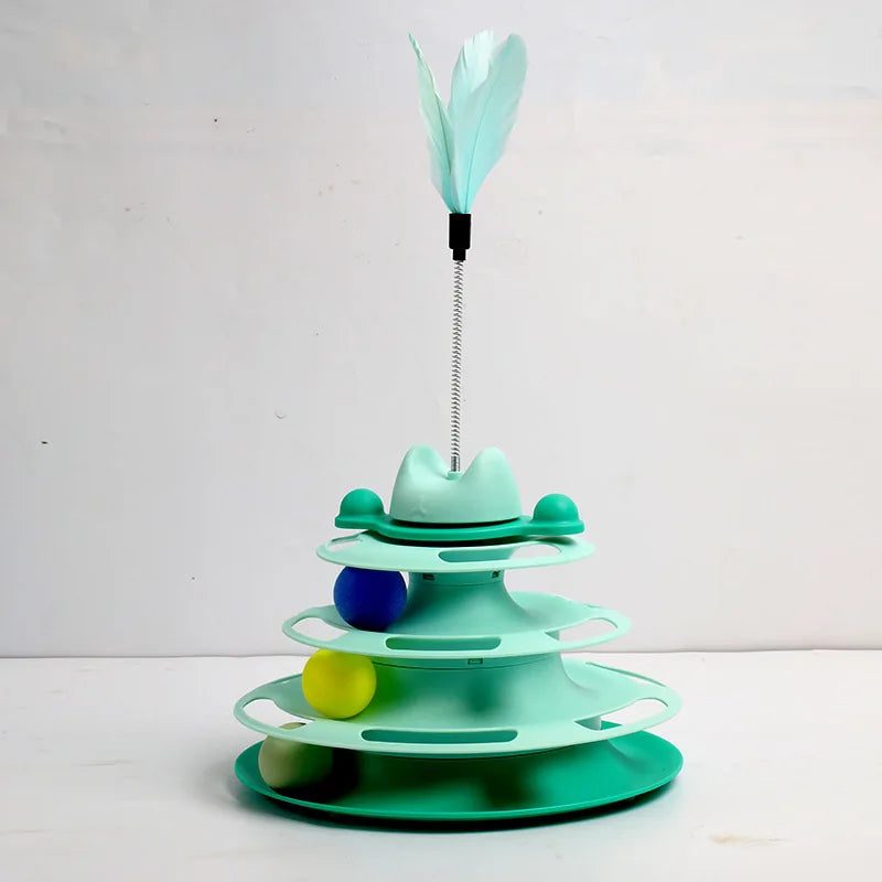 Interactive Cat Toy Tower Kitten Turntable Track Roller Balls With Feather