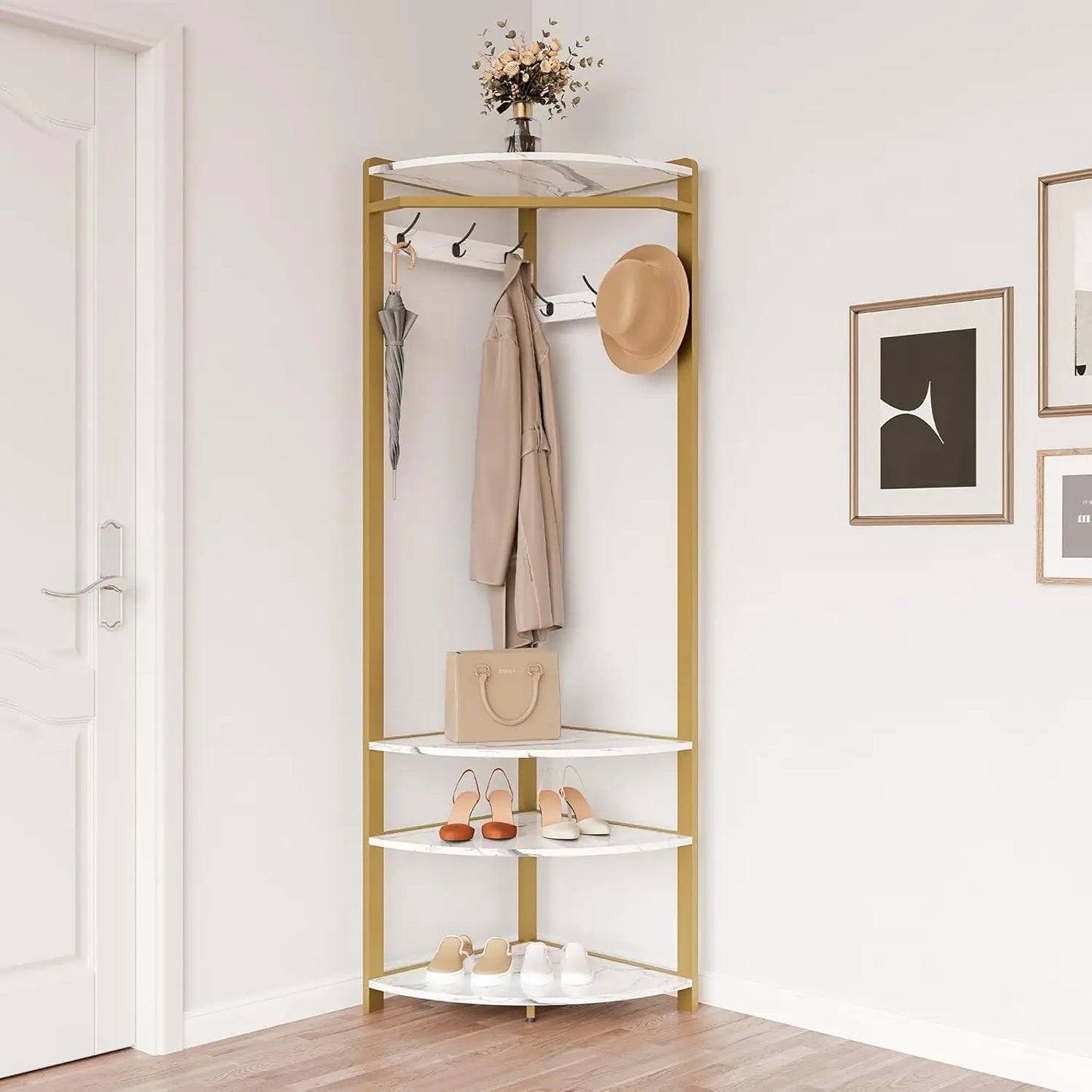 HiMISS Corner Coat Rack Stand Hall Tree With 6 Hooks