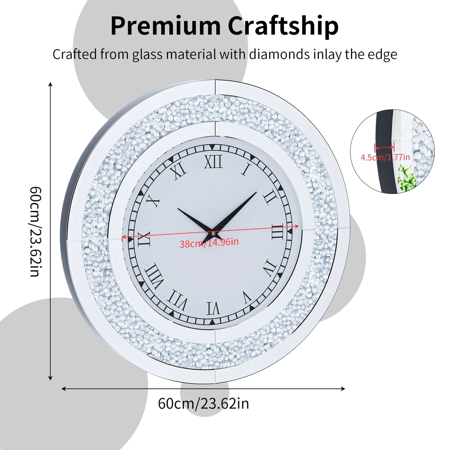 Round Mirror Clock With Crystal Sparkle Wall Decor