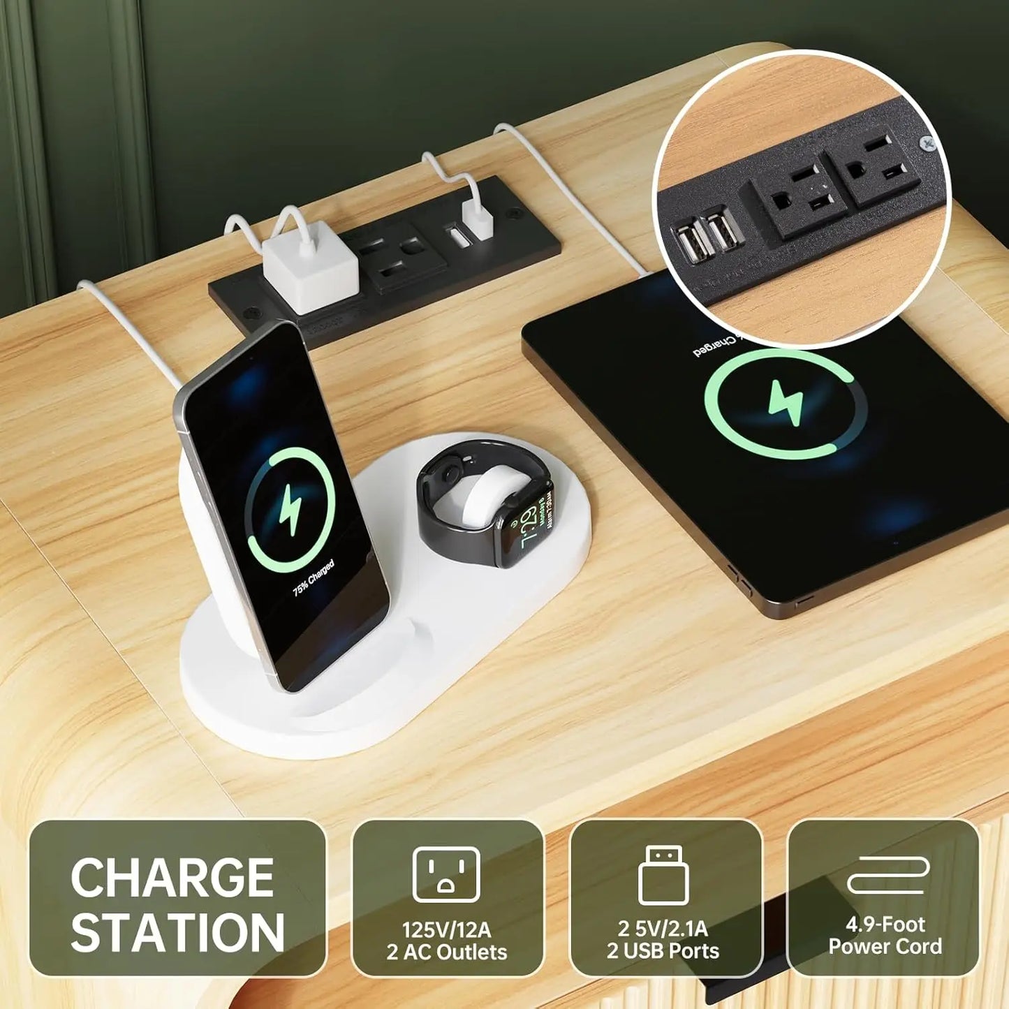 MOYU Fluted Nightstand With Charging Station And Two Drawers