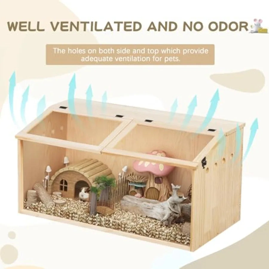 NONECN Wooden Guinea Pig Cage With Transparent Acrylic Panel For Small Animals