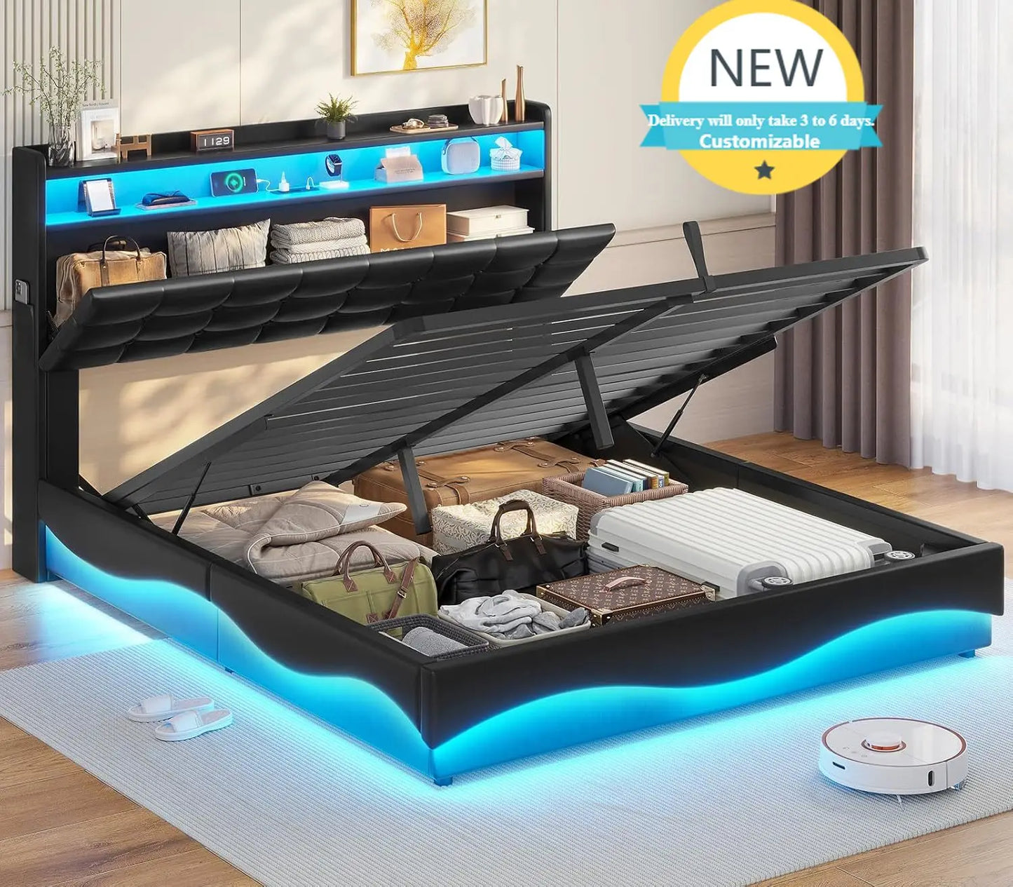 Lift Up Storage Bed Frame With Hidden Headboard Type-C Charging