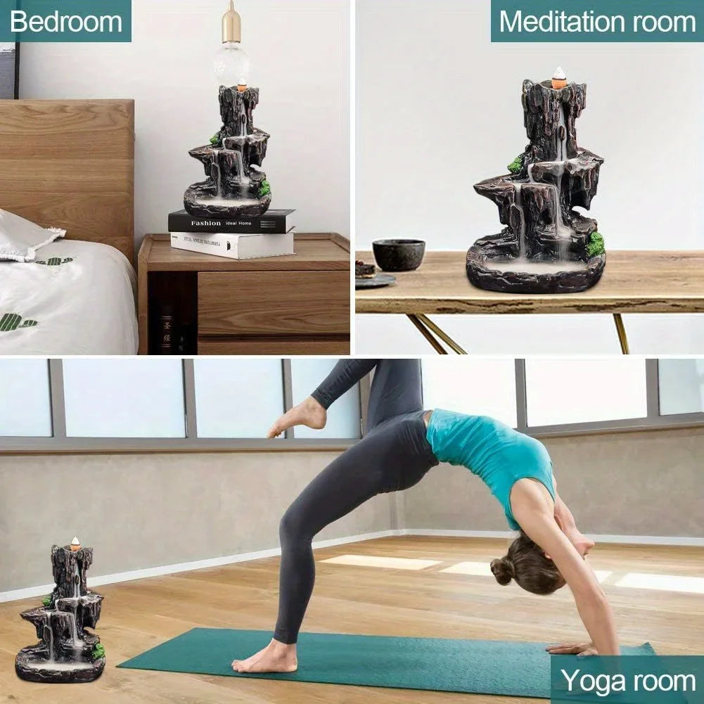 Waterfall Monk Incense Burner Mountain Tower for Home Office Yoga Aromatherapy