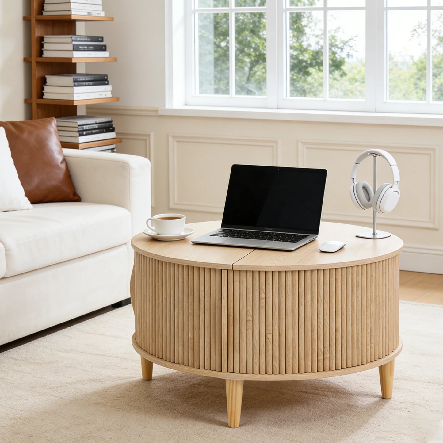 JHK Round Coffee Table With Flip Top Storage Sturdy Wood