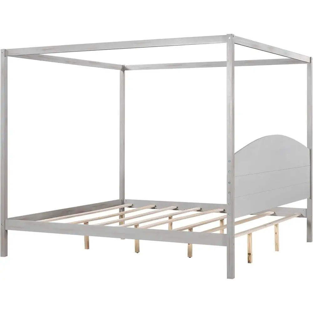 Wood Canopy Bed With Solid Headboard And Four Poster Posts