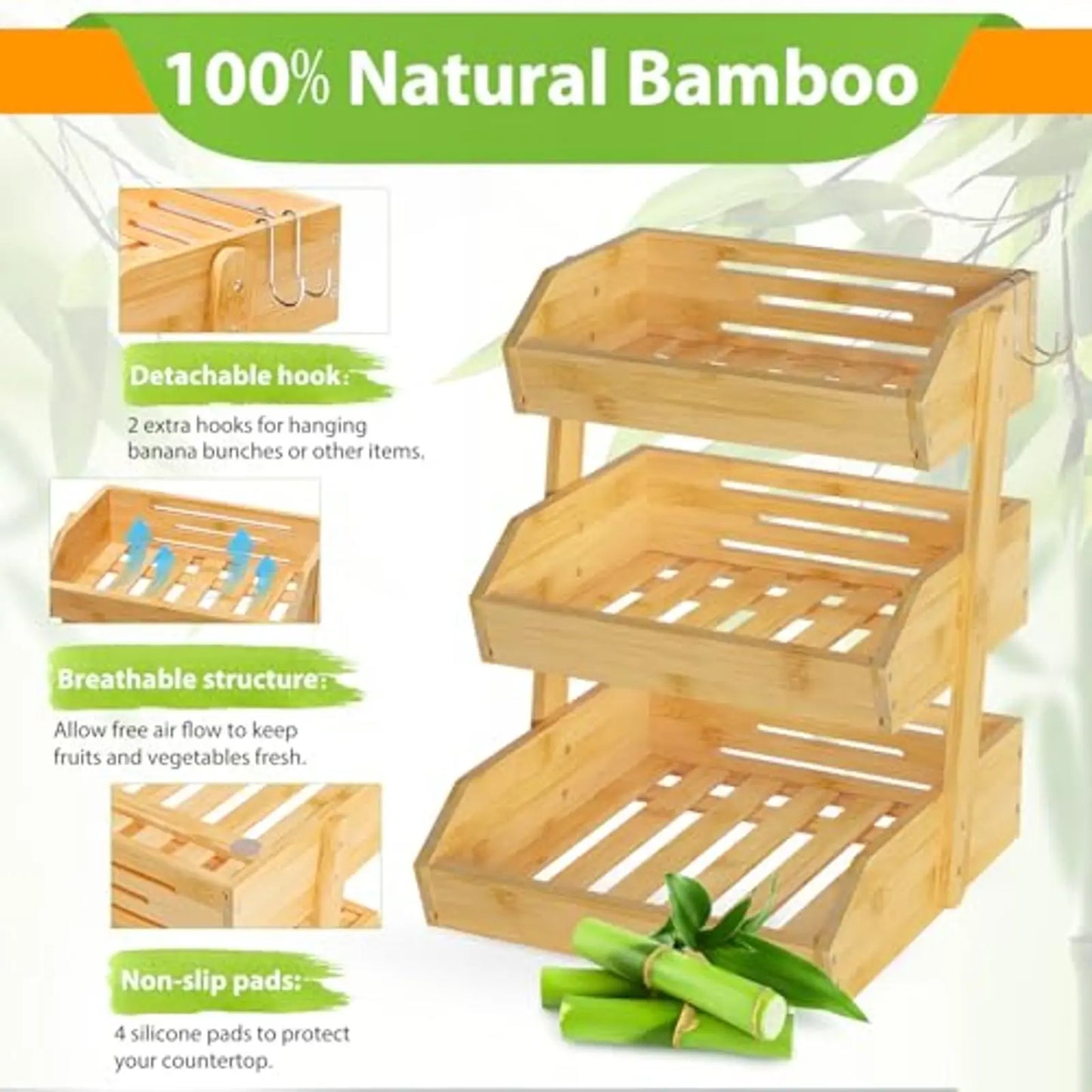 Bamboo 3-Tier Fruit Basket With Banana Hangers For Kitchen