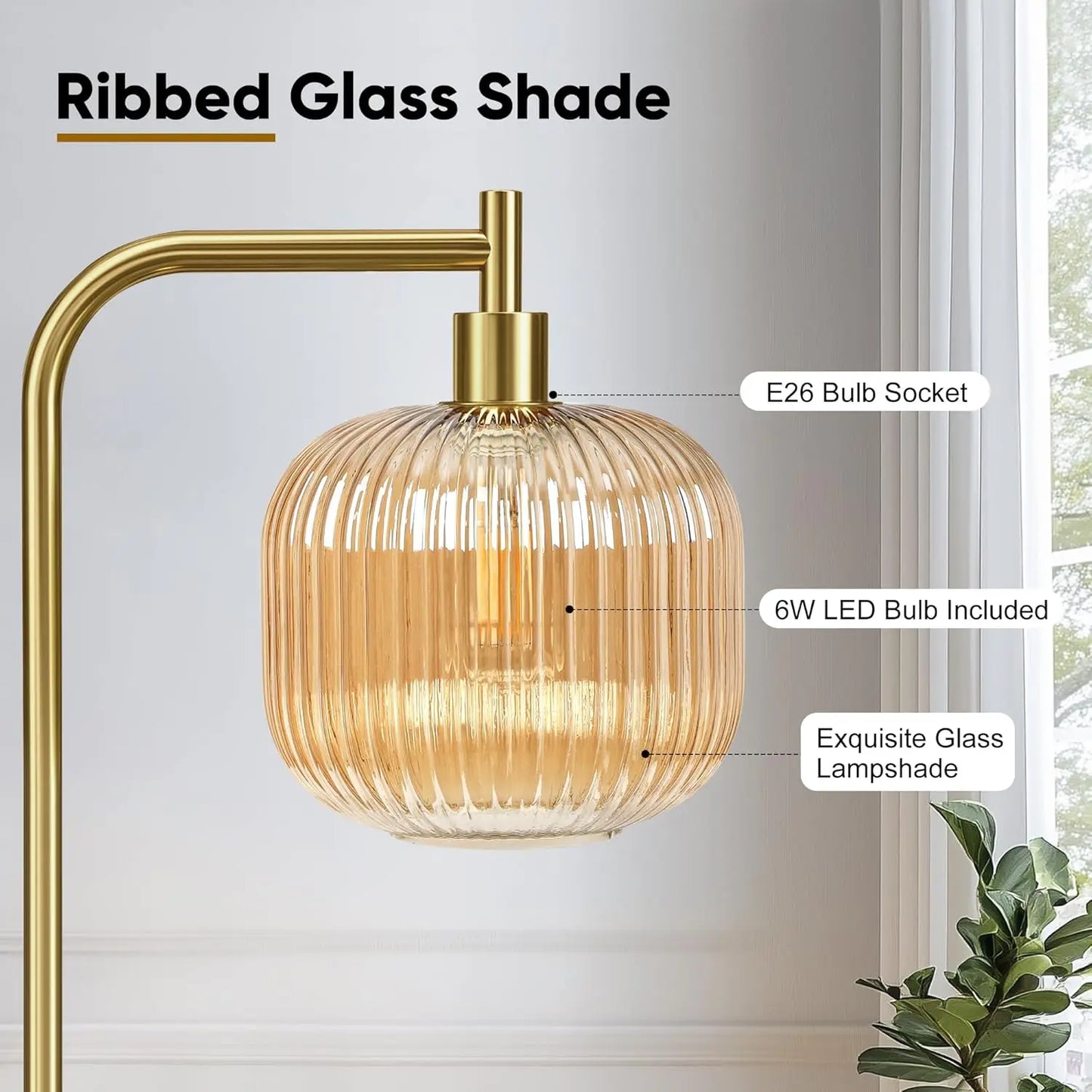 Modern Glass Floor Lamp with Ribbed Champagne Shade, Brushed Gold Finish, 67" Tall for Living Room & Bedroom