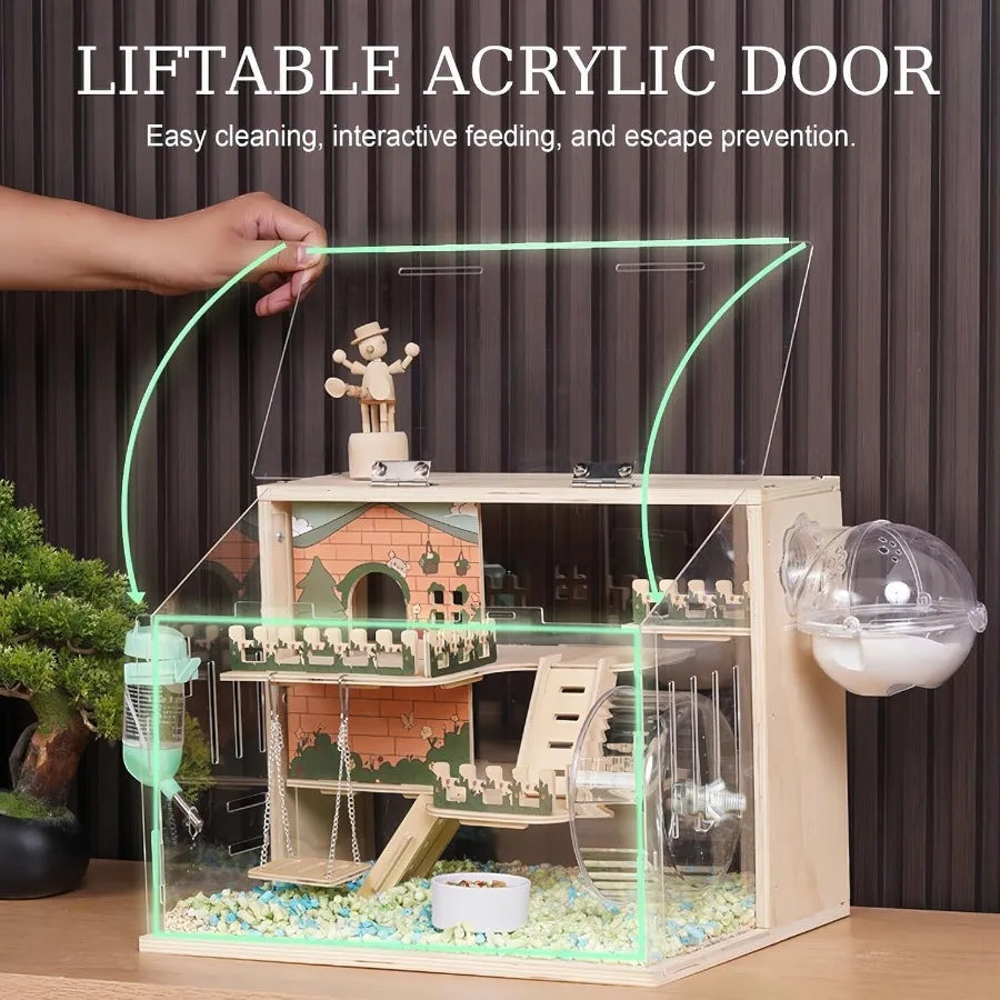 NONECN Wooden Hamster Cage With Accessories Pastoral Style Multi Level