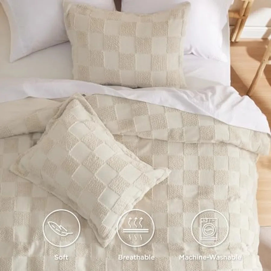 Boho Duvet Cover Checkered Embroidered Knit Jacquard Polyester Cotton
