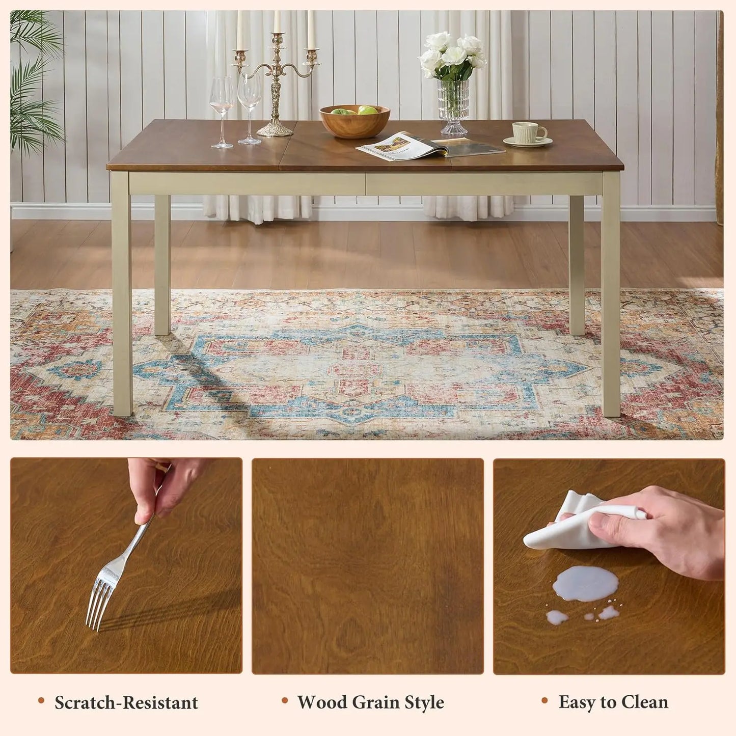 Farmhouse Solid Wood Dining Table Set With Upholstered Chairs