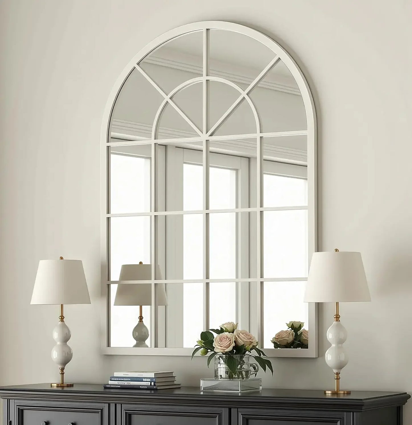Arched Wall Mirror With Iron Frame For Entryway And Vanity