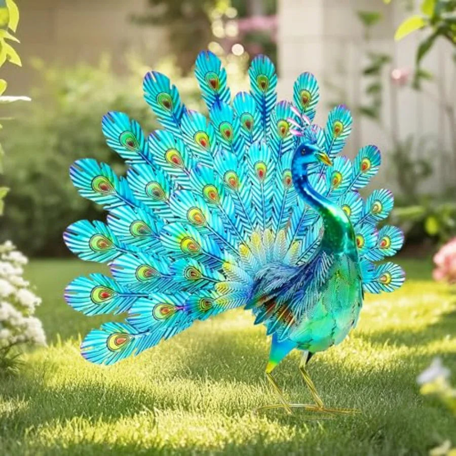 Metal Peacock Garden Statue With Tail Spread Handmade 3D Textured