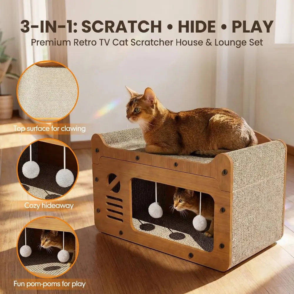 Retro TV Cat House With Sofa Top Scratcher Board Decor