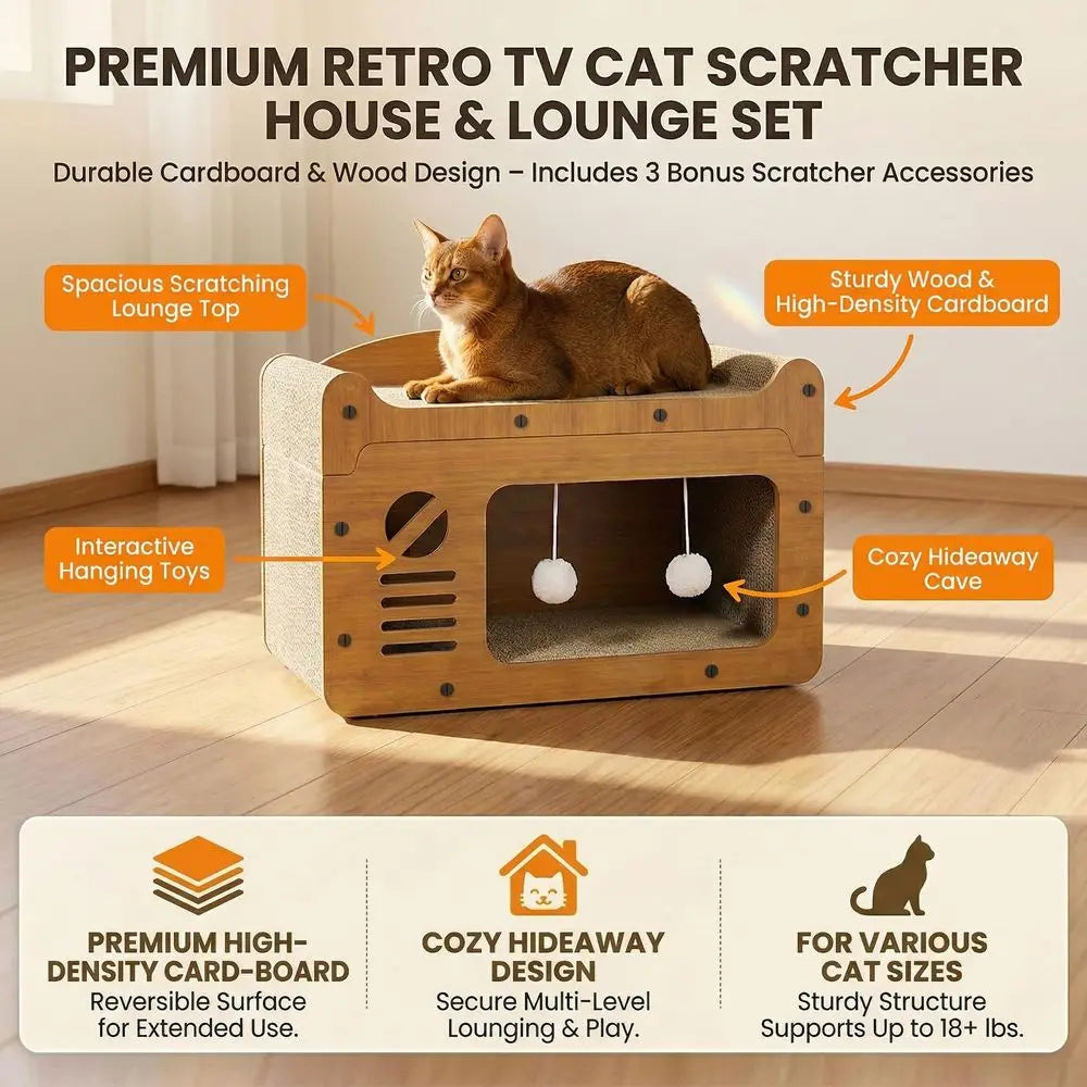 Retro TV Cat House With Sofa Top Scratcher Board Decor