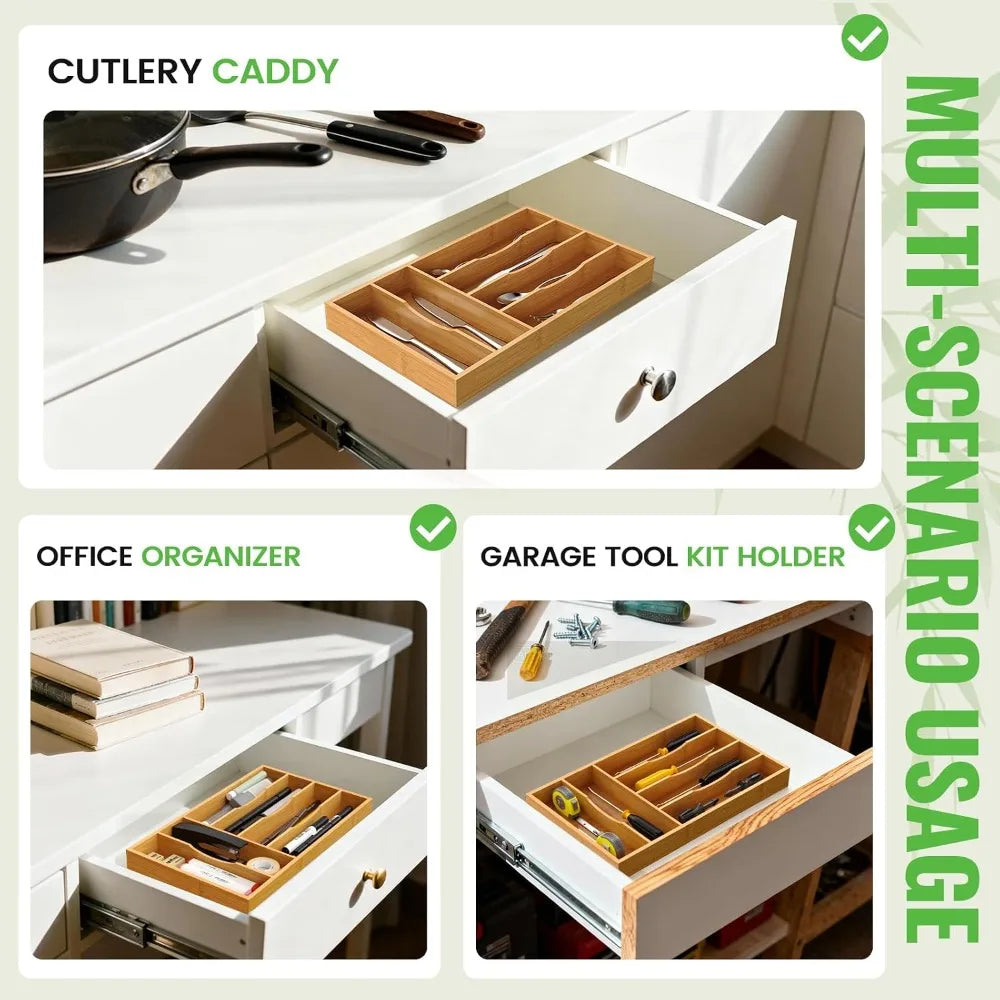 Bamboo Silverware Organizer 6 Slot Drawer Tray For Kitchen Utensils