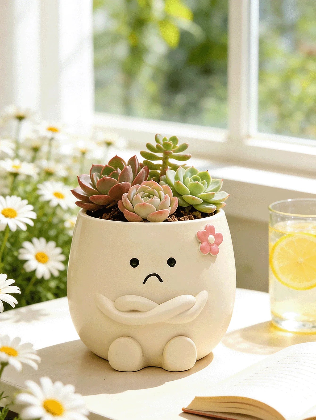 Smiling Face Guitar Planter With Drainage Hole For Indoor Succulents