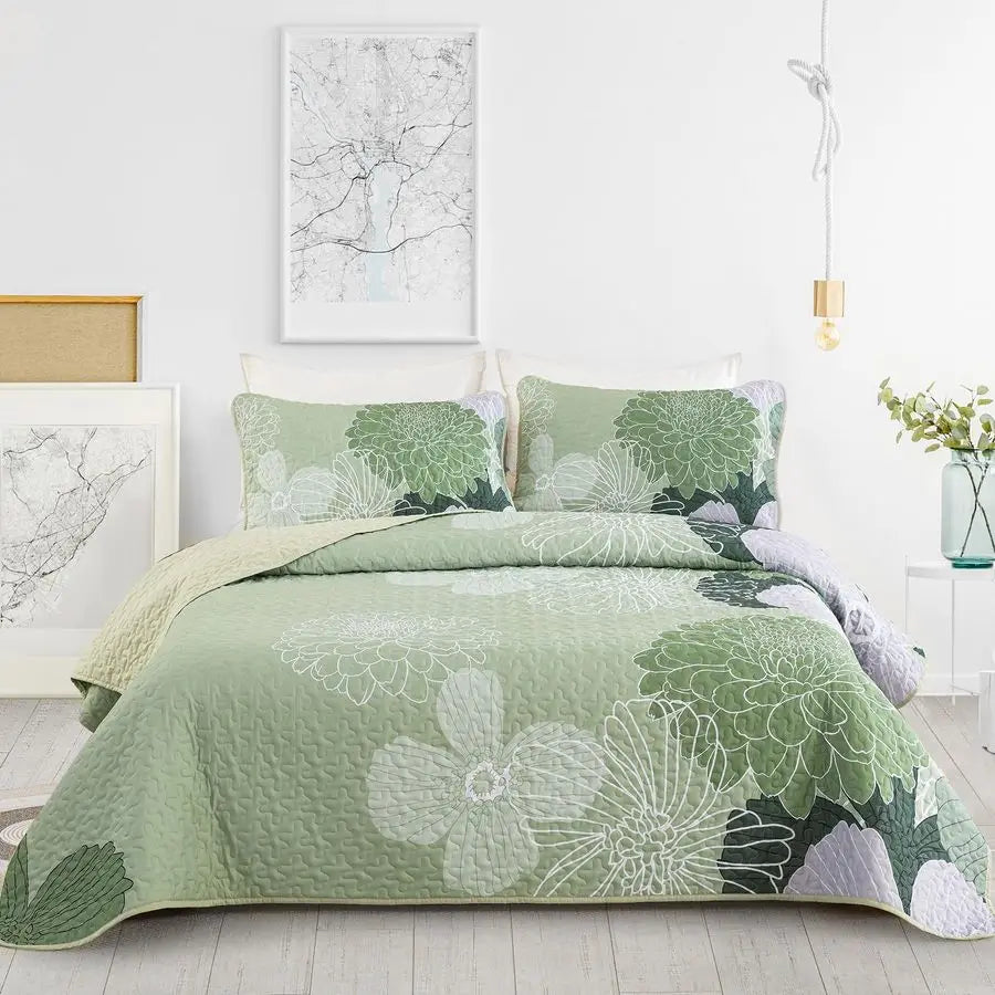 Floral Quilt Set Cotton Bedding Three Piece Two Shams